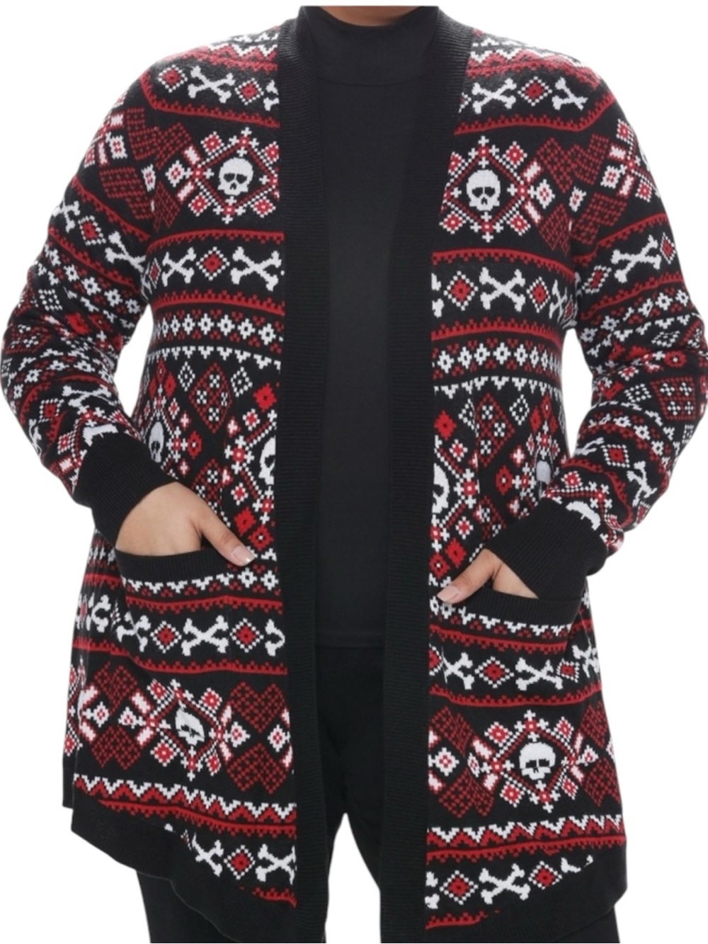 SOCIAL COLLISION Black & Red Skull Patterned Open Cardigan Sweater Size XL